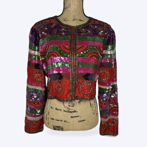 Vtg Laurence Kazar Beaded Silk Cropped Jacket Sz PXL Sequins Formal Evening Glam